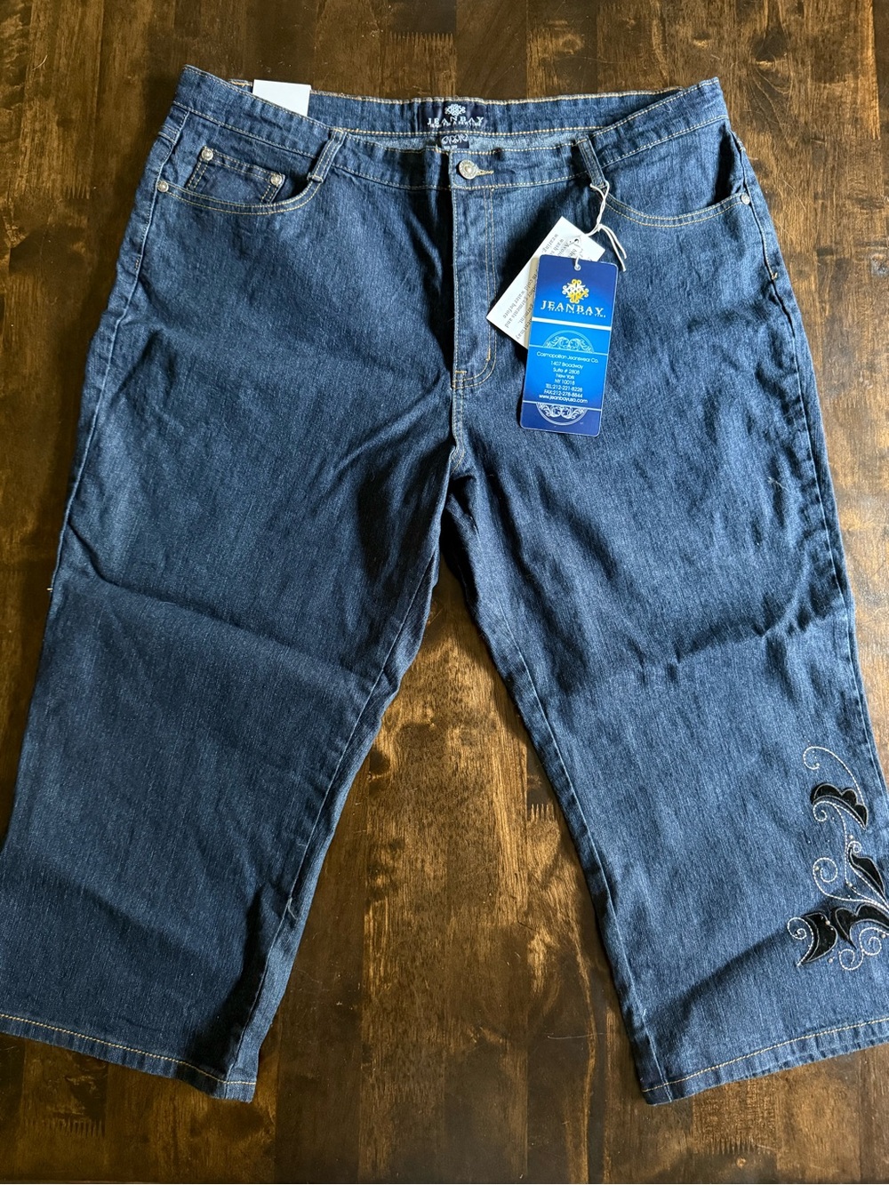 Dark Blue Cropped Embroidered Capri Jeans for Women
